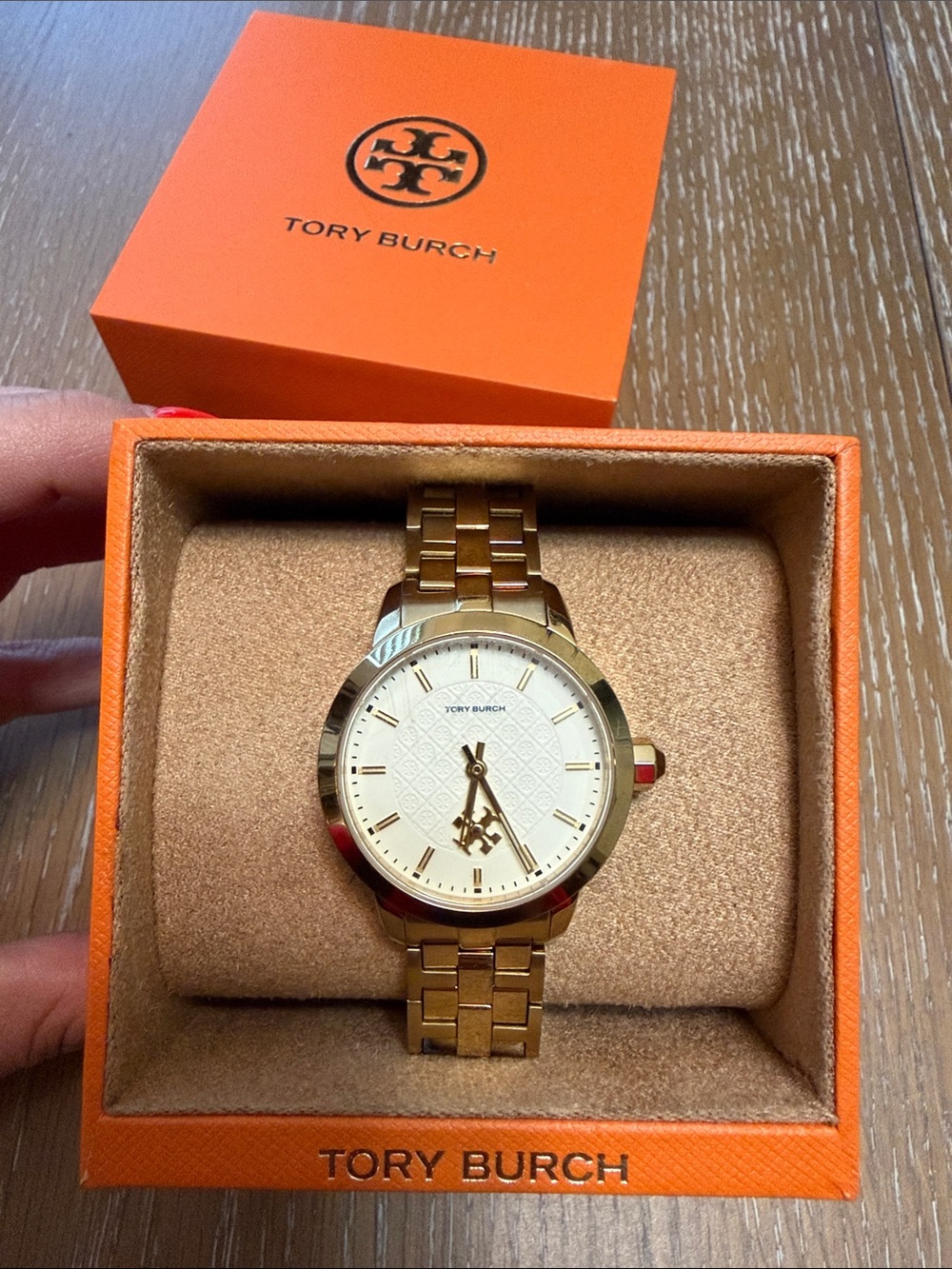 Authentic Tory Burch Gold-Tone Watch with White Dial